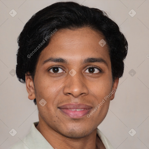 Joyful latino young-adult male with short  brown hair and brown eyes