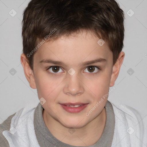 Joyful white child male with short  brown hair and brown eyes