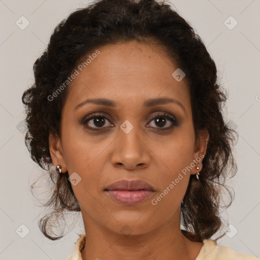 Joyful black young-adult female with medium  brown hair and brown eyes