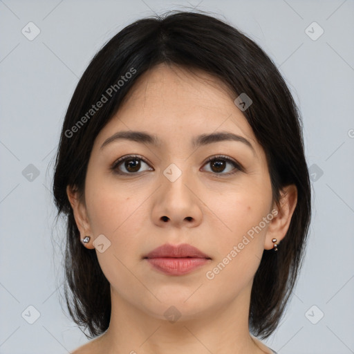 Neutral asian young-adult female with medium  brown hair and brown eyes