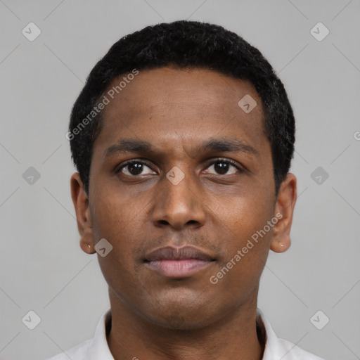 Neutral black young-adult male with short  black hair and brown eyes