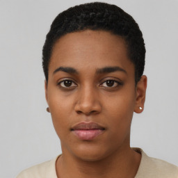 Neutral black young-adult female with short  black hair and brown eyes