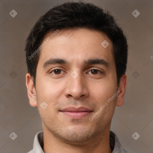 Neutral white young-adult male with short  brown hair and brown eyes