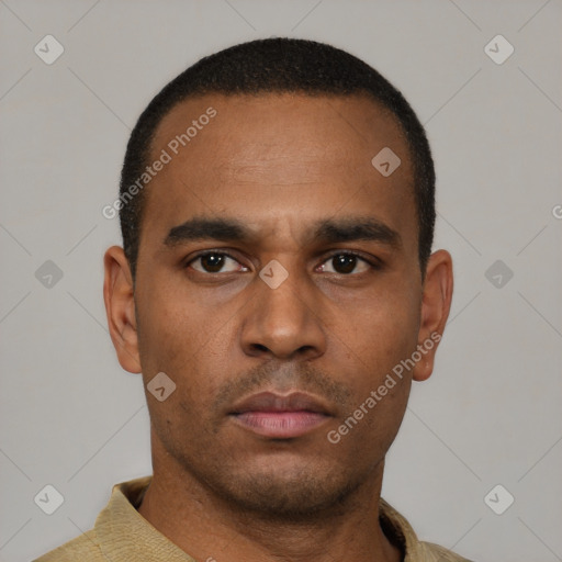 Neutral latino young-adult male with short  black hair and brown eyes
