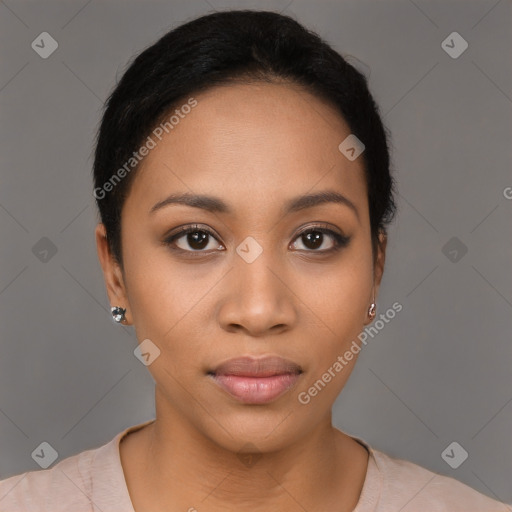 Neutral latino young-adult female with short  black hair and brown eyes