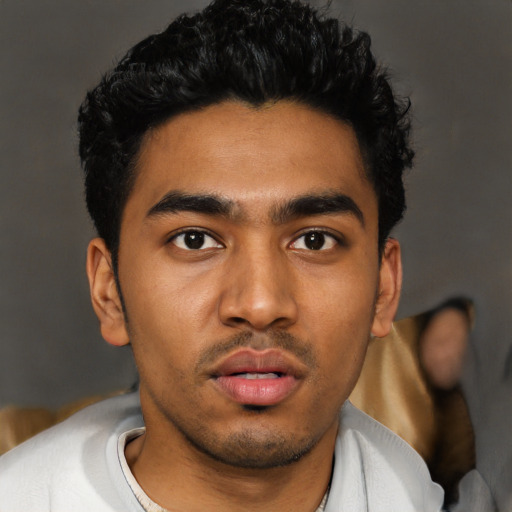 Neutral latino young-adult male with short  black hair and brown eyes