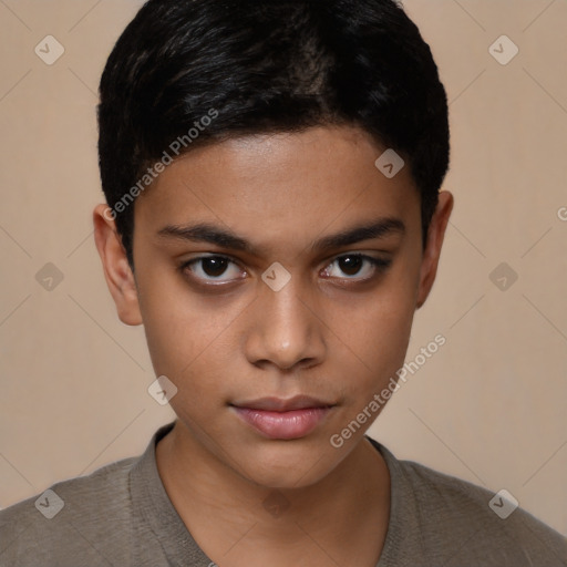 Neutral latino child male with short  black hair and brown eyes