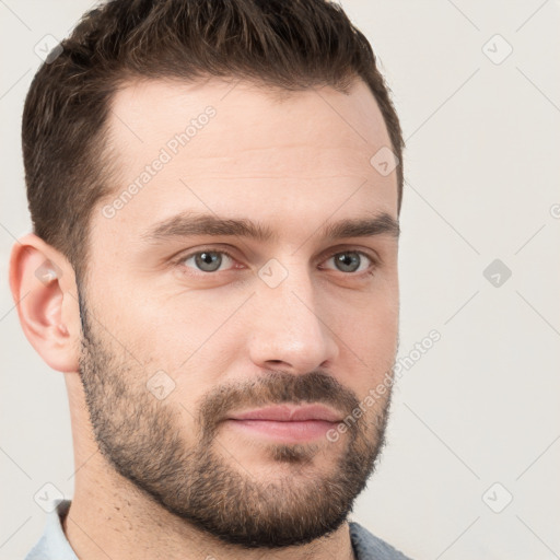 Neutral white young-adult male with short  brown hair and grey eyes