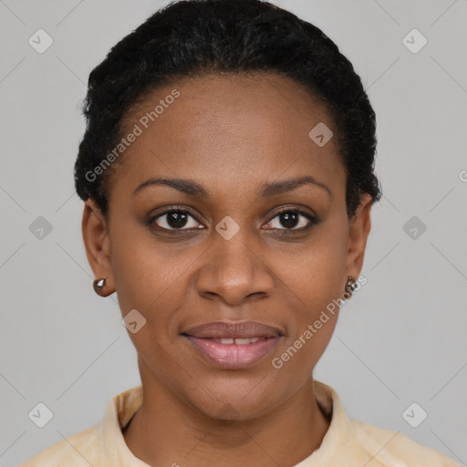 Joyful latino young-adult female with short  black hair and brown eyes