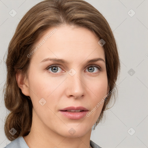 Neutral white young-adult female with medium  brown hair and grey eyes