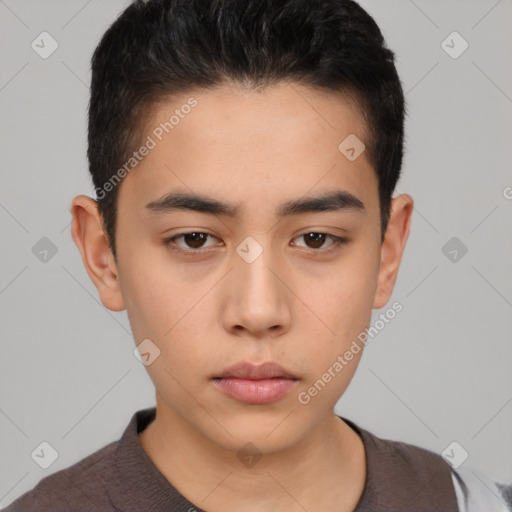 Neutral white young-adult male with short  black hair and brown eyes