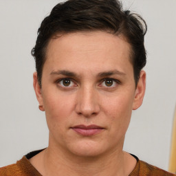 Neutral white young-adult female with short  brown hair and brown eyes