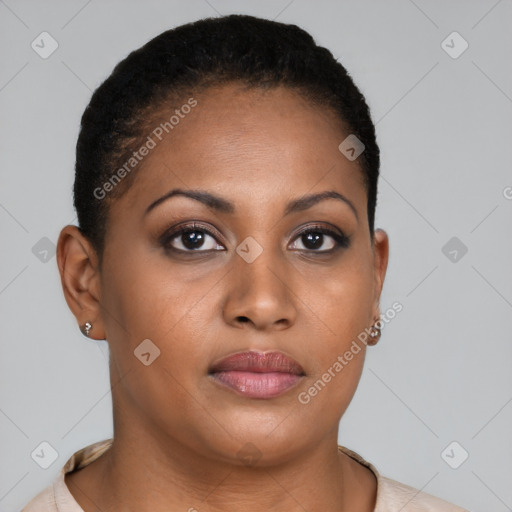 Neutral black young-adult female with short  brown hair and brown eyes