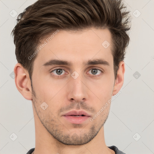 Neutral white young-adult male with short  brown hair and brown eyes