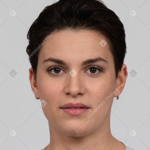 Neutral white young-adult female with short  brown hair and brown eyes