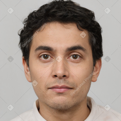 Neutral white young-adult male with short  black hair and brown eyes