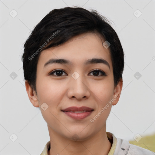 Joyful asian young-adult female with short  black hair and brown eyes