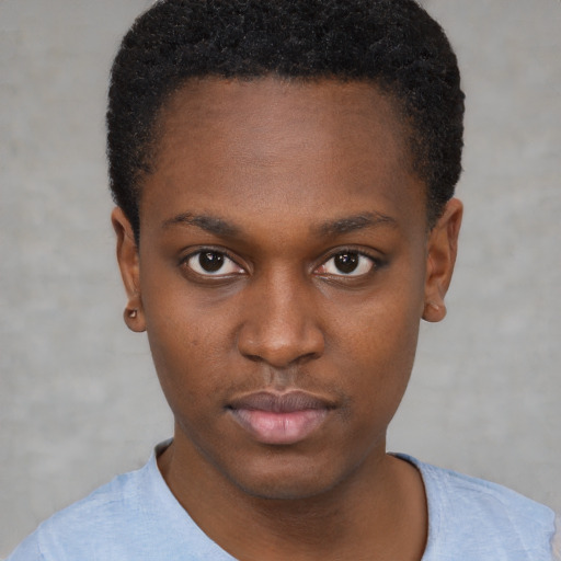 Neutral black young-adult female with short  black hair and brown eyes