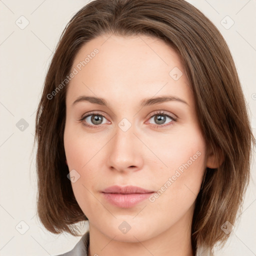 Neutral white young-adult female with medium  brown hair and grey eyes