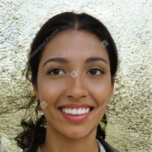 Joyful asian young-adult female with long  brown hair and brown eyes