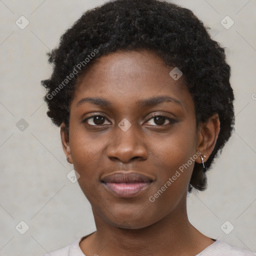 Neutral black young-adult female with short  black hair and brown eyes