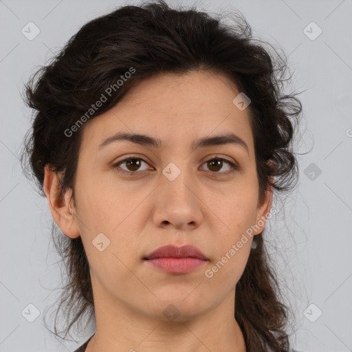 Neutral white young-adult female with medium  brown hair and brown eyes