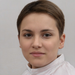 Neutral white young-adult female with short  brown hair and brown eyes