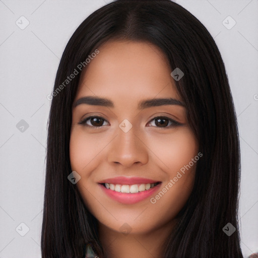 Joyful white young-adult female with long  black hair and brown eyes