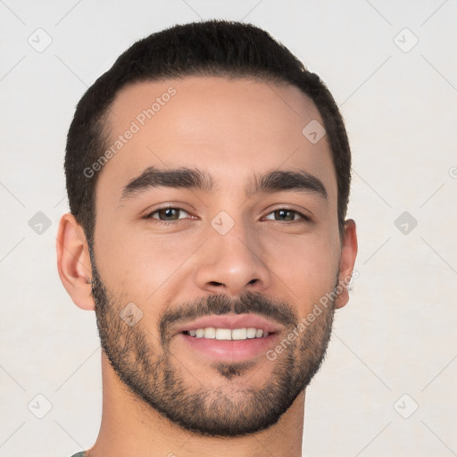 Joyful white young-adult male with short  brown hair and brown eyes