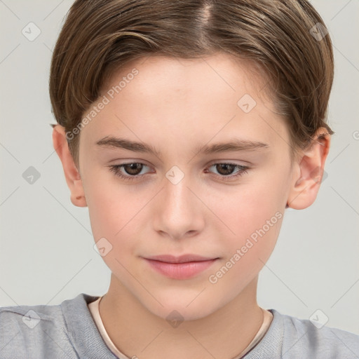 Joyful white child female with short  brown hair and brown eyes