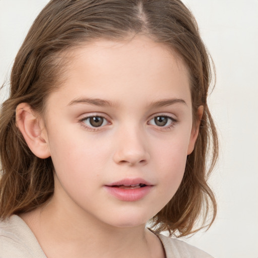 Neutral white child female with medium  brown hair and grey eyes