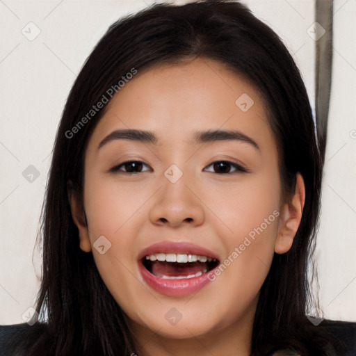 Joyful white young-adult female with long  black hair and brown eyes