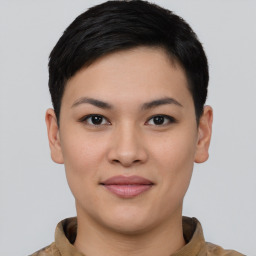 Joyful asian young-adult female with short  black hair and brown eyes