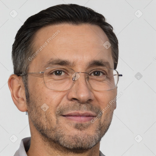 Joyful white adult male with short  brown hair and brown eyes