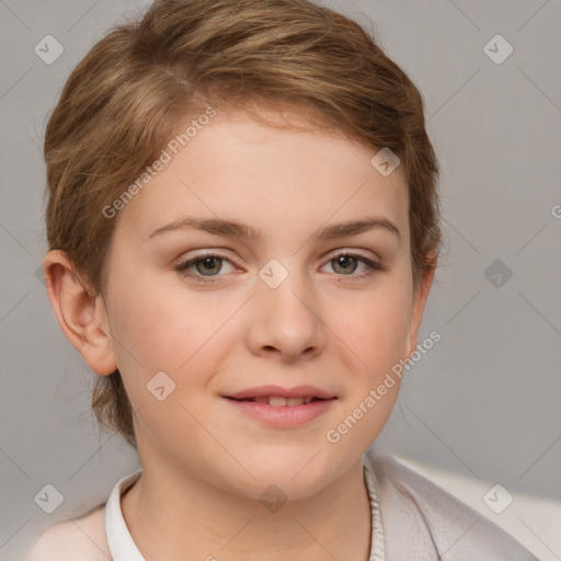 Joyful white young-adult female with medium  brown hair and blue eyes