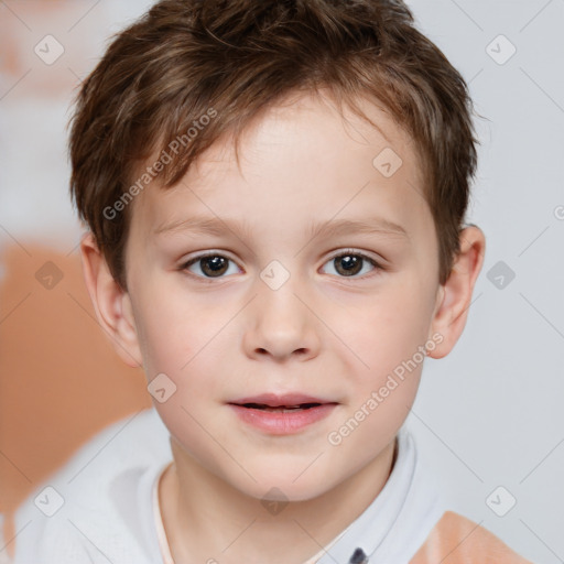 Joyful white child male with short  brown hair and brown eyes