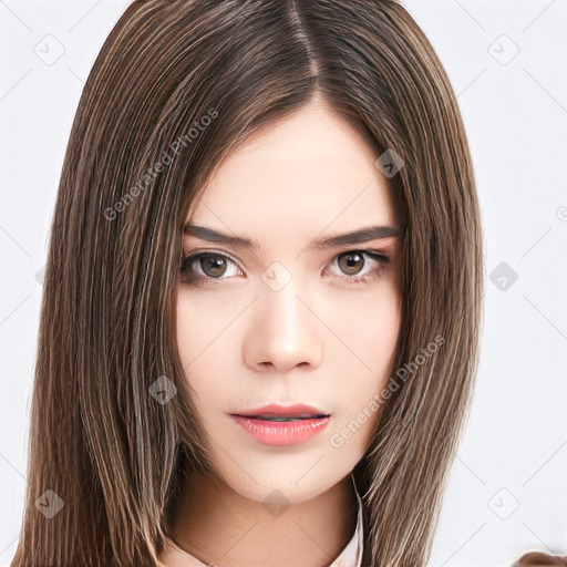 Neutral white young-adult female with long  brown hair and brown eyes