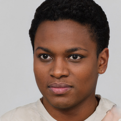 Neutral black young-adult female with short  black hair and brown eyes