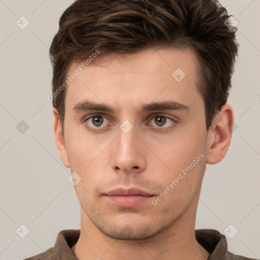 Neutral white young-adult male with short  brown hair and brown eyes