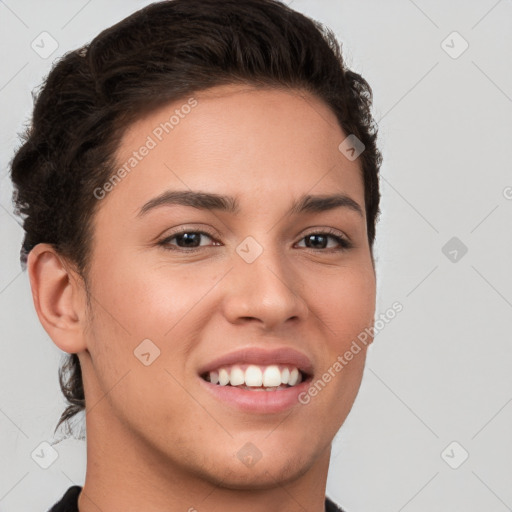 Joyful white young-adult female with short  brown hair and brown eyes