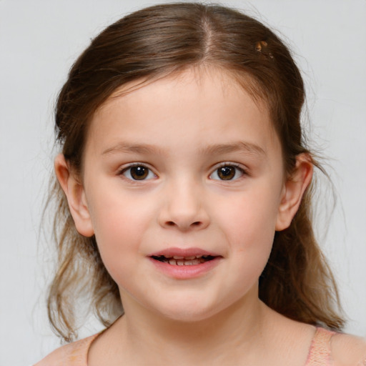 Joyful white child female with medium  brown hair and brown eyes