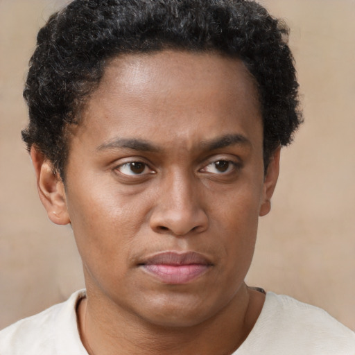 Joyful black young-adult male with short  brown hair and brown eyes