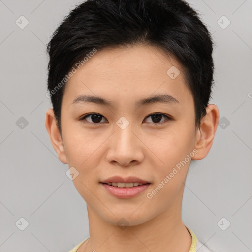 Joyful asian young-adult female with short  brown hair and brown eyes