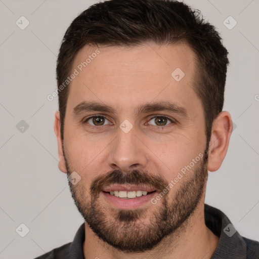 Joyful white young-adult male with short  brown hair and brown eyes