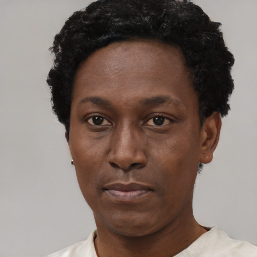 Neutral black young-adult female with short  black hair and brown eyes