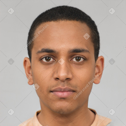 Neutral latino young-adult male with short  black hair and brown eyes