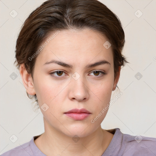 Neutral white young-adult female with short  brown hair and brown eyes