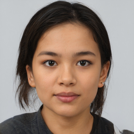 Neutral latino young-adult female with medium  brown hair and brown eyes