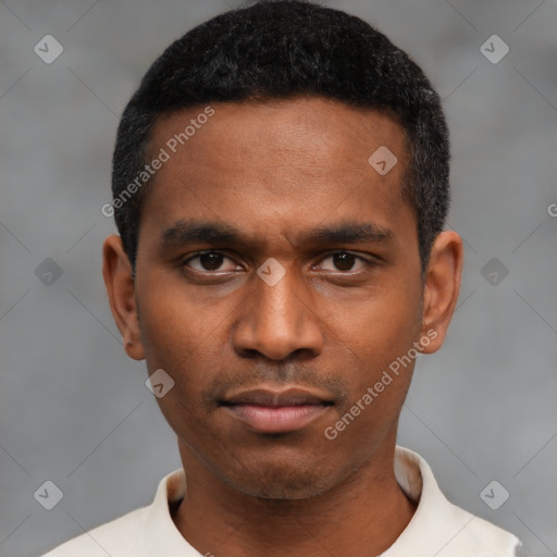 Neutral black young-adult male with short  black hair and brown eyes