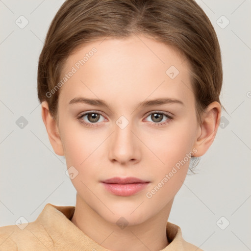 Neutral white young-adult female with short  brown hair and brown eyes